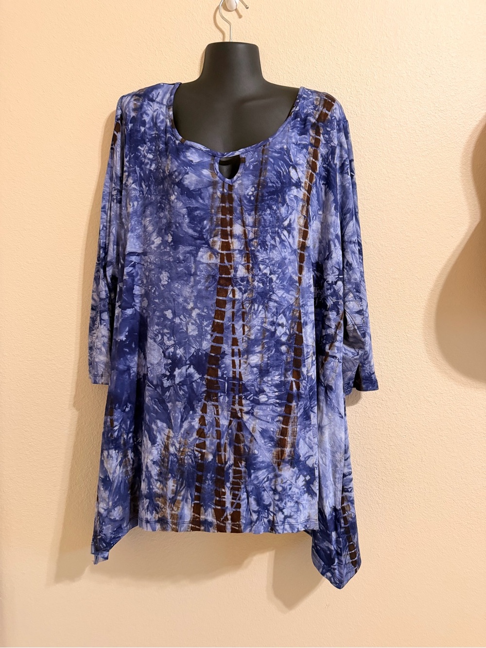 Avenue Blue Tie-Dye Tunic with Brown Stripe Accents
